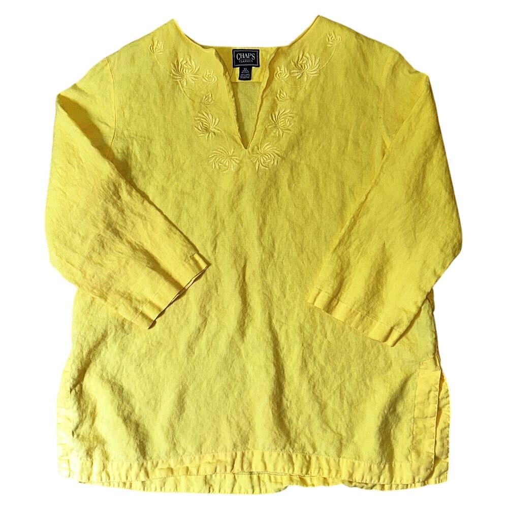 Chaps Classics Linen V-Neck Floral Embroidered 3/4 Sleeve Yellow Tunic XL